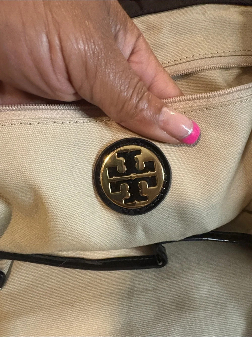 Tory Burch Black Nylon & Leather Patent Leather Accent Top Handles Tote Bag